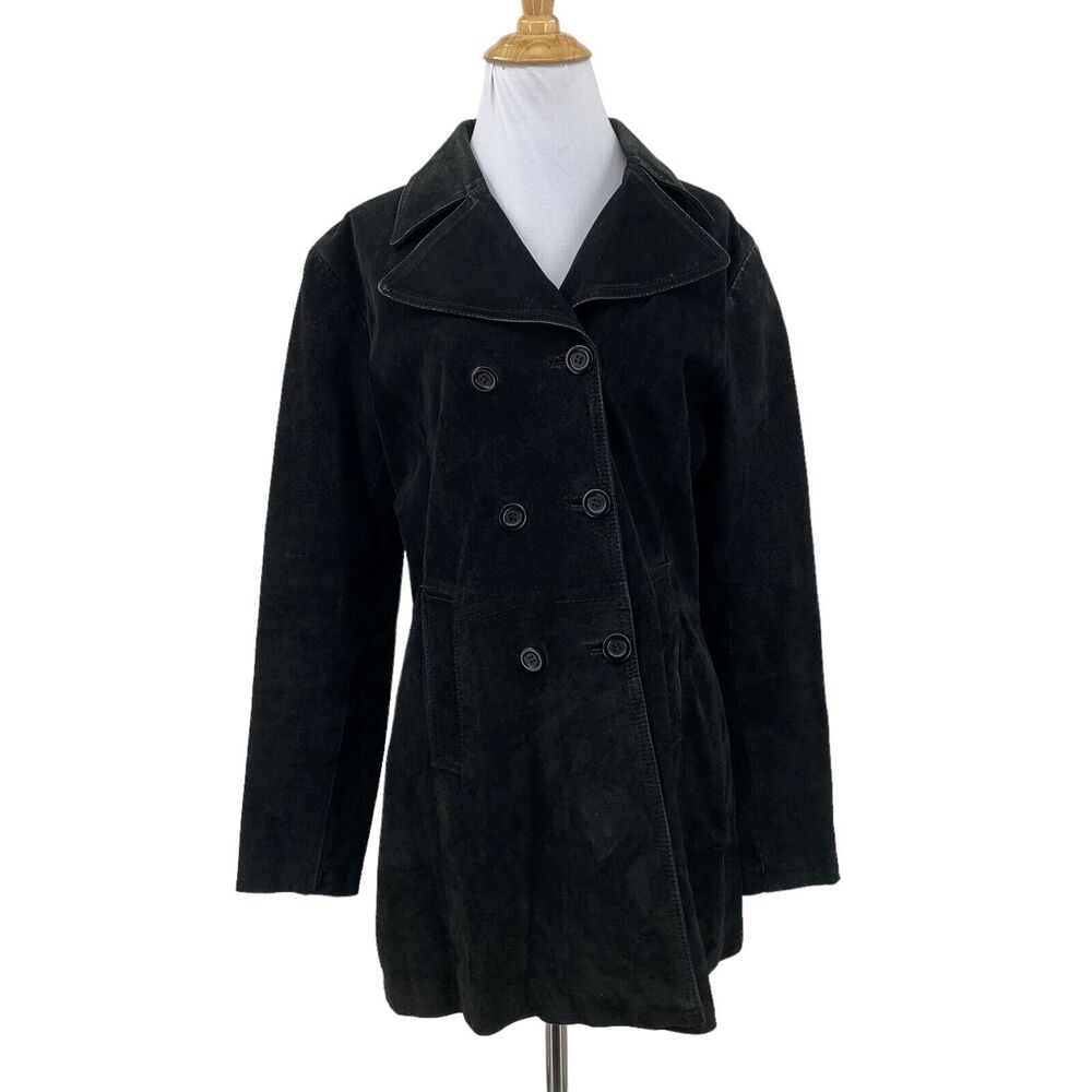 Maxima Leather Button Up Peacoat Jacket Womens M Medium Black Nylon Lined Notch